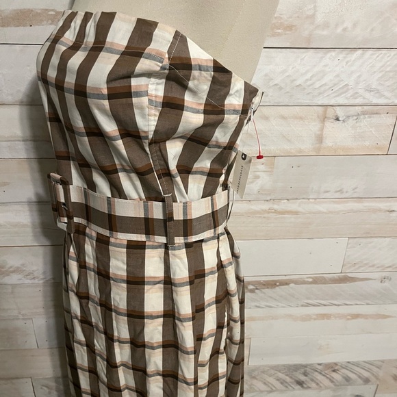 NWT Anthropologie size XL Strapless Brown & White Gingham Belted Midi Dress - Picture 6 of 12